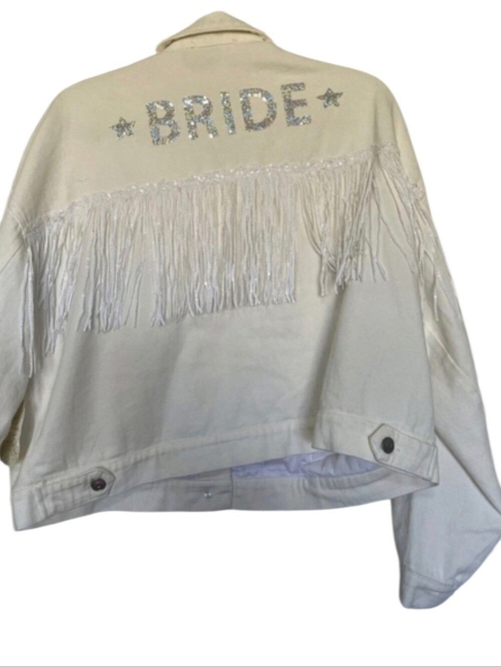 NWT Altar'd State Size Large Bride White Jean Jacket Fringe Sequin Fringe